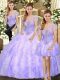 Discount Lavender Tulle Lace Up Quince Ball Gowns Sleeveless Floor Length Beading and Appliques and Ruffles  Discount Lavender Tulle Lace Up Quince Ball Gowns Sleeveless Floor Length Beading and Appliques and Ruffles