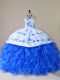 Luxury Royal Blue Ball Gowns Organza Halter Top Sleeveless Embroidery and Ruffles Lace Up Sweet 16 Dresses Court Train