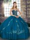 Customized Blue Tulle Lace Up 15 Quinceanera Dress Sleeveless Floor Length Beading and Embroidery