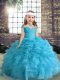 Blue Ball Gowns Organza Straps Sleeveless Beading and Ruffles and Pick Ups Floor Length Lace Up Kids Formal Wear