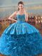 Embroidery and Ruffles Quinceanera Gown Baby Blue Lace Up Sleeveless Floor Length Brush Train