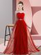 Fitting Floor Length Red Quinceanera Dama Dress Chiffon Sleeveless Beading
