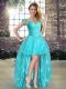 Aqua Blue Lace Up Prom Gown Beading and Appliques Sleeveless High Low