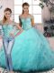 Off The Shoulder Sleeveless Quinceanera Gown Floor Length Beading and Ruffles Aqua Blue Tulle