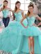 Fashion Off The Shoulder Sleeveless Ball Gown Prom Dress Floor Length Beading and Ruffles Aqua Blue Tulle