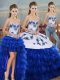 Royal Blue Organza Lace Up Sweetheart Sleeveless Floor Length Sweet 16 Dresses Embroidery and Ruffled Layers and Bowknot