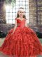 Sleeveless Organza Floor Length Lace Up Little Girls Pageant Dress in Red with Beading and Ruffles