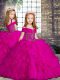 High End Straps Sleeveless Little Girls Pageant Dress Floor Length Beading and Ruffles Fuchsia Tulle