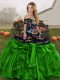 Sophisticated Floor Length Green 15th Birthday Dress Organza Sleeveless Embroidery and Ruffles