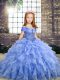Floor Length Lace Up Pageant Dress Womens Blue for Party and Military Ball and Wedding Party with Beading and Ruffles