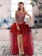 Custom Design Burgundy A-line Tulle Scoop Sleeveless Beading and Pick Ups High Low Zipper Prom Dresses