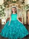 Aqua Blue Ball Gowns Organza Scoop Sleeveless Ruffles Floor Length Lace Up Kids Formal Wear