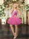 Inexpensive Rose Pink Lace Up Evening Dress Beading and Ruffled Layers and Pick Ups Sleeveless Mini Length