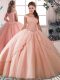 Latest Beading Quinceanera Dress Peach Lace Up Sleeveless Brush Train