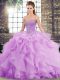 Lavender Quince Ball Gowns Tulle Brush Train Sleeveless Beading and Ruffles