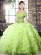 Yellow Green Ball Gowns Organza Off The Shoulder Sleeveless Beading and Ruffled Layers Lace Up Quinceanera Gowns Brush Train