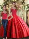 Floor Length Red Quinceanera Gown Halter Top Sleeveless Lace Up