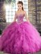 Rose Pink Sleeveless Tulle Lace Up 15th Birthday Dress for Military Ball and Sweet 16 and Quinceanera