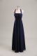 Navy Blue Empire Halter Top Sleeveless Chiffon Floor Length Lace Up Ruching