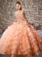 Orange Sleeveless Organza Court Train Lace Up Ball Gown Prom Dress for Sweet 16 and Quinceanera