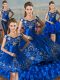 Royal Blue Ball Gowns Off The Shoulder Sleeveless Satin and Organza Floor Length Lace Up Embroidery and Ruffled Layers Sweet 16 Dresses