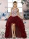 Adorable Burgundy A-line Scoop Sleeveless Organza High Low Lace Up Beading and Ruffles Evening Dress