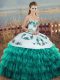 Turquoise Lace Up Quinceanera Gowns Embroidery and Ruffled Layers and Bowknot Sleeveless Floor Length