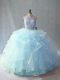 Eye-catching Sleeveless Beading and Ruffles Backless Sweet 16 Dresses with Light Blue Brush Train