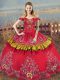 Beautiful Satin and Organza Off The Shoulder Sleeveless Lace Up Embroidery 15 Quinceanera Dress in Red
