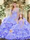 Classical Lavender Sleeveless Floor Length Beading and Ruffled Layers Lace Up Quince Ball Gowns
