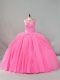 Great Rose Pink Ball Gowns Scoop Sleeveless Tulle Brush Train Lace Up Beading and Appliques 15 Quinceanera Dress