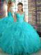 Trendy Sleeveless Tulle Floor Length Lace Up Quinceanera Gowns in Aqua Blue with Beading and Ruffles