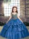 Dazzling Blue Ball Gowns Beading Pageant Dress for Girls Lace Up Taffeta Sleeveless Floor Length