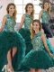 Peacock Green Ball Gowns Scoop Sleeveless Organza Floor Length Lace Up Beading and Ruffles Vestidos de Quinceanera