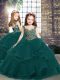 Fashion Peacock Green Ball Gowns Tulle Straps Sleeveless Beading and Ruffles Floor Length Lace Up Kids Pageant Dress
