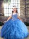 Floor Length Blue Winning Pageant Gowns Tulle Sleeveless Beading and Ruffles