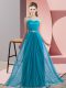 Stylish Teal Empire Chiffon Scoop Sleeveless Beading Floor Length Lace Up Dama Dress for Quinceanera