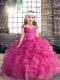 Simple Hot Pink Straps Lace Up Beading and Ruffles and Pick Ups Pageant Dress Toddler Sleeveless
