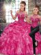 Fuchsia Lace Up Halter Top Beading and Ruffles Sweet 16 Dress Organza Sleeveless