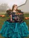 Sleeveless Organza Floor Length Lace Up Kids Pageant Dress in Teal with Embroidery and Ruffles