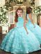 Superior Halter Top Sleeveless Pageant Gowns Floor Length Beading and Ruffled Layers Aqua Blue Organza