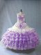 Noble White And Purple Sleeveless Embroidery and Ruffled Layers and Bowknot Floor Length 15 Quinceanera Dress