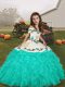 Floor Length Turquoise Little Girls Pageant Gowns Long Sleeves Embroidery and Ruffles