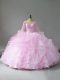 Pink Lace Up Sweet 16 Quinceanera Dress Lace and Ruffles Long Sleeves Floor Length