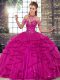 Fuchsia Sleeveless Floor Length Beading and Ruffles Lace Up 15th Birthday Dress