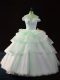 Apple Green Ball Gowns Off The Shoulder Sleeveless Organza Brush Train Lace Up Beading and Ruffled Layers 15 Quinceanera Dress