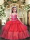 Trendy Red Ball Gowns Organza Straps Sleeveless Beading and Ruffled Layers Floor Length Lace Up Little Girls Pageant Dress