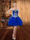 Suitable Sleeveless Organza Mini Length Lace Up Prom Gown in Royal Blue with Embroidery and Ruffles