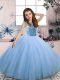 Blue Mermaid Tulle Scoop Sleeveless Beading Floor Length Lace Up Little Girls Pageant Dress Wholesale