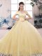 Designer Champagne Tulle Lace Up Off The Shoulder Short Sleeves Floor Length Quince Ball Gowns Lace and Hand Made Flower